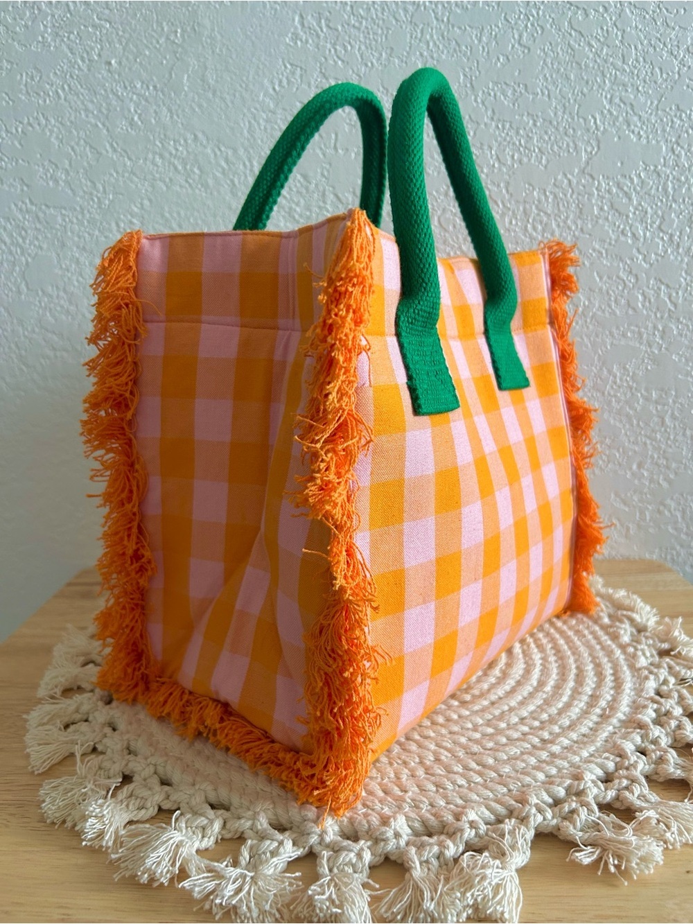 Shiraleah Ana Orange and Pink Gingham Fringe Mini Tote Crossbody Bag - Picture 3 of 6